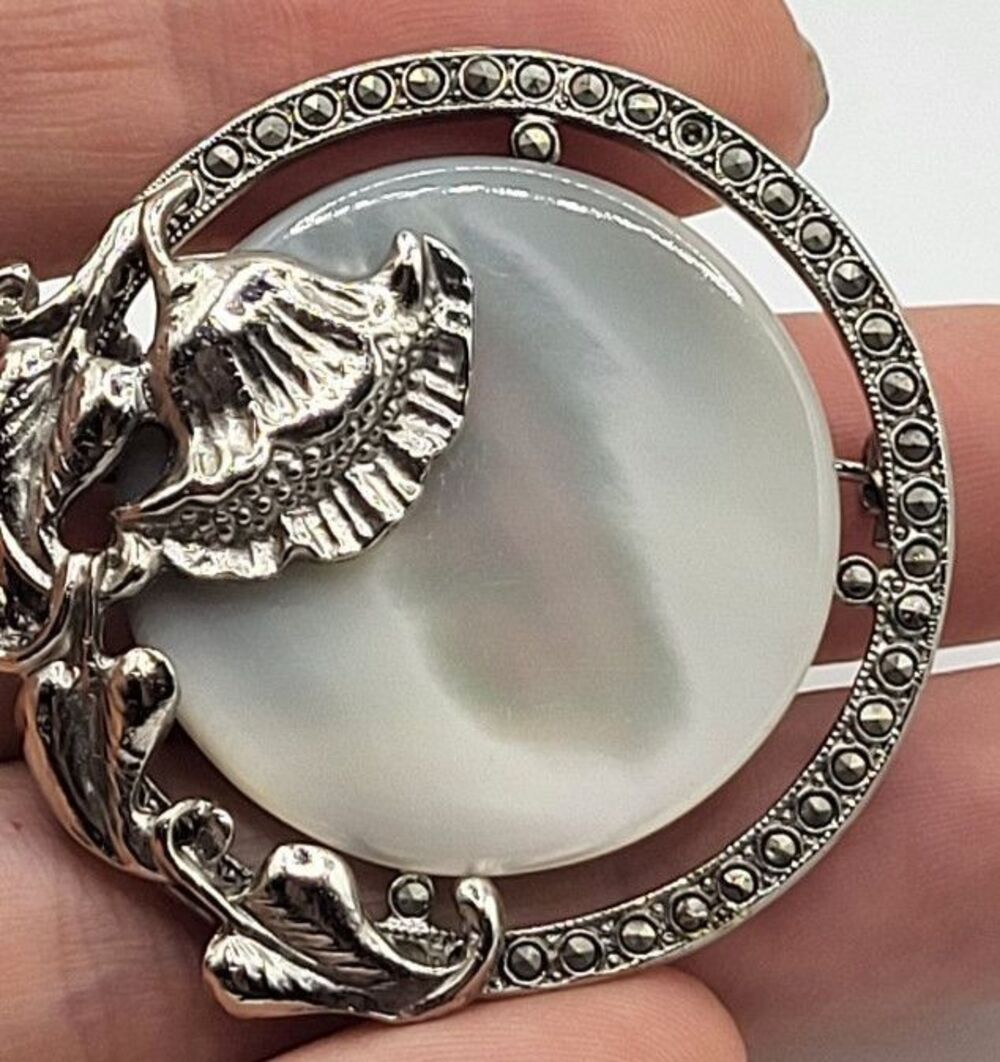 Vintage Goldtone Marcasite Mother of Pearl Brooch Pin Flower Art Nouveau 2in